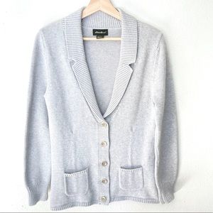 Eddie Bauer Knit Cardigan Gray Grandpa Sweater Button Collar Long 100% Cotton M